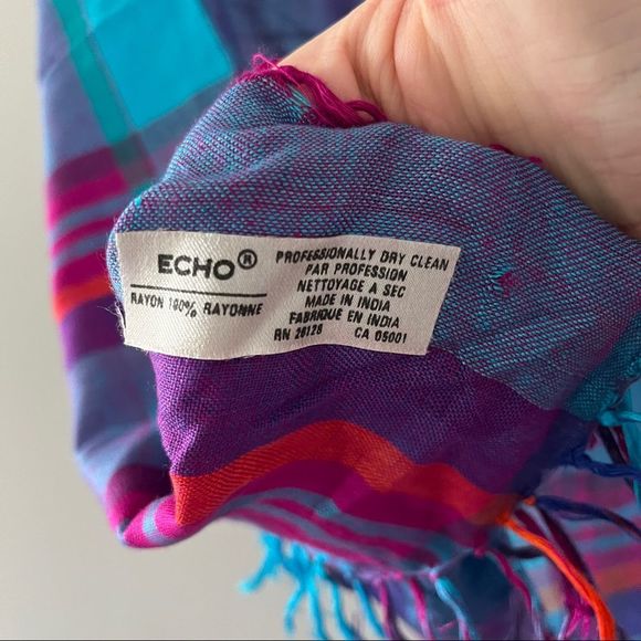 Vintage Echo Square Plaid Scarf Fringe Blue Purple - Picture 3 of 7